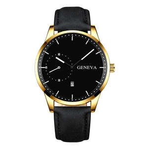 Detail of Geneva quartz watch featuring a gold case, black dial, and leather strap