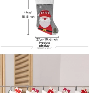 Gray Christmas stocking with sequined Santa Claus detail and size chart in 47cm length
