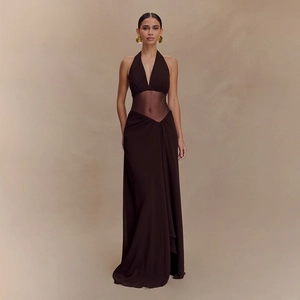 Detail of deep brown halter maxi dress showing sheer mesh waist patchwork design