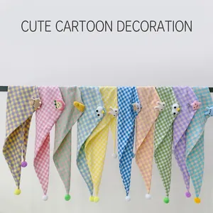 Child cotton linen plaid triangular scarf with cute cartoon plush dolls and pompom detail