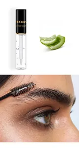 Macro shot of waterproof eyebrow styling gel with aloe vera and precision applicator brush