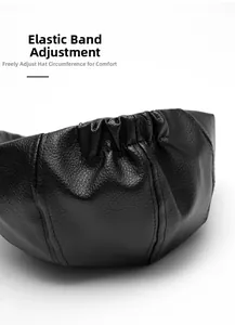 Detail of adjustable elastic band on black leather beret for personalized head fit