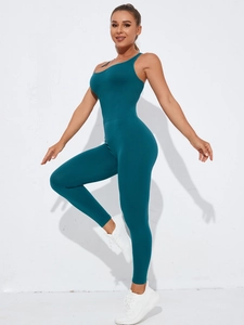 Side view of teal seamless yoga bodysuit with sleeveless cut for fitness training