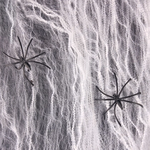 Close-up of white stretchy spider web with two black plastic spiders for Halloween decor