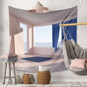 Detail of 3D architectural tapestry with pink walls and blue sea view for wall decor