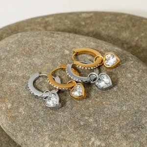 Polished stainless steel hoop earrings with sparkling heart-shaped zircon pendants