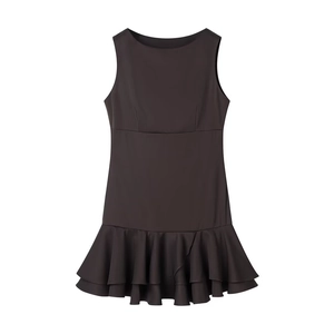 Mini Abito Senza Maniche Girocollo Orlo Con Volant A Strati Poliestere Chic Vacanze Marrone Caffè Moda Donna