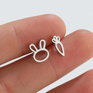 Minimalist stainless steel asymmetric earrings featuring cute rabbit and carrot designs