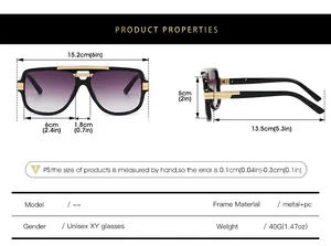 Detailed dimension guide for square frame pilot sunglasses with metal and PC materials