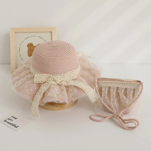 Ensemble chapeau de paille et sac rose pour enfants avec nœud en dentelle et tulle