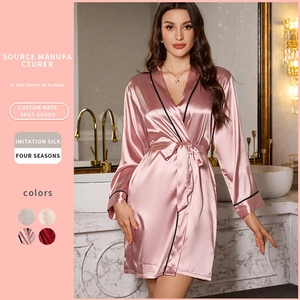 Women's Satin Robe Long Sleeved Imitation Satin Nightgown Contrast Piping Belted Sleepwear Loungewear