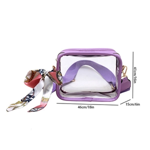 Detail view of purple clear PVC crossbody bag with size dimensions 46x15x41cm