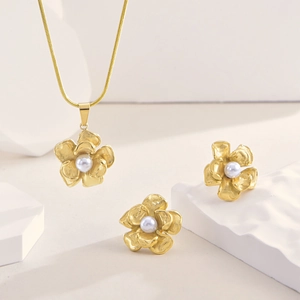 Camellia Flower Necklace And Earrings Titanium Steel Faux Artificial Pearl French Retro Vintage Elegant Jewelry For Women