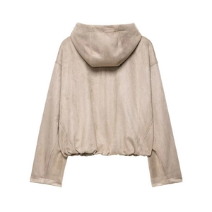 Back view of a khaki oversized hooded jacket with a soft suede texture and elastic hem