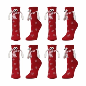 Christmas magnetic hand-holding socks with 3D cartoon eyes and snowflake knit patterns