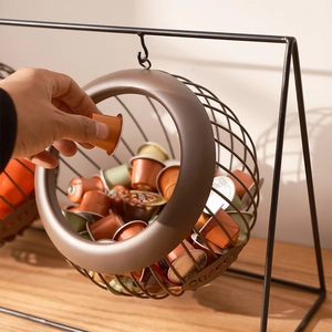 Swinging metal wire coffee pod holder and fruit basket organizer for kitchen countertop