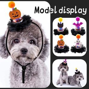 Detail of Halloween pet hats featuring pumpkin and bat designs with adjustable straps