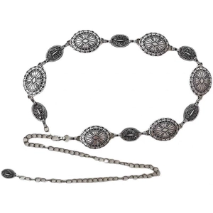 Silver retro bohemian metal chain belt with engraved oval plates for dresses and shirts