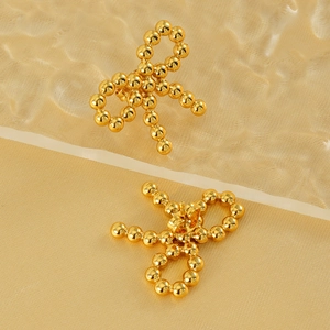 Minimalist 18K gold-plated stainless steel bow earrings with a beaded design for women