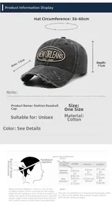 Size chart showing adjustable cotton baseball cap dimensions and head measurement guide