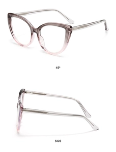 Cat eye glasses featuring purple gradient frames and metal reinforced temples from two angles