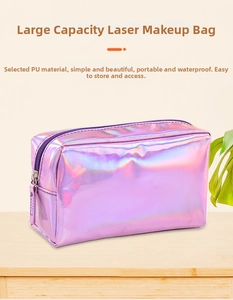 Detail of laser iridescent purple PU makeup bag showing waterproof material and large capacity
