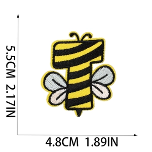 Macro detail of bee number 1 embroidered patch with yellow black stripes and dimensions