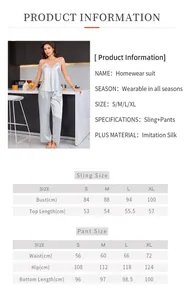 Size chart for women's two-piece satin pajamas including sling top and long pants