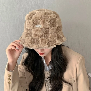 Bob d'hiver à damier en peluche pour femme, chapeau chaud kaki et marron