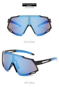 Front and 45-degree angle views of black frame sports sunglasses with blue mirrored lenses
