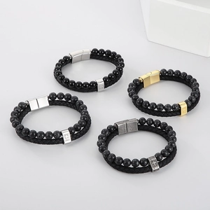 Men Bracelet Double Layer Braided Leather Lava Stone Stainless Steel Cross Character Magnetic Clasp Ethnic Retro Jewelry