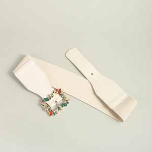 Elastic beige waist belt featuring a vintage square buckle with colorful rhinestones