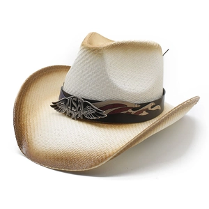 Chapeau de soleil style ethnique Western avec badge USA et bandeau en cuir