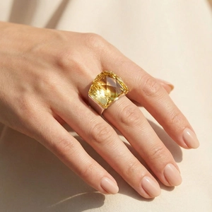 Luxurious 18k gold plated titanium ring featuring a large faceted yellow crystal stone