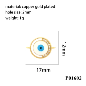 Evil Eye charm connector in copper gold plated finish with blue enamel and crystal inlay
