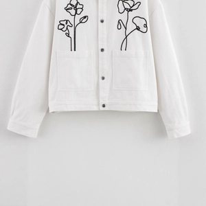 White street style cotton jacket with minimalist black floral embroidery and front pockets