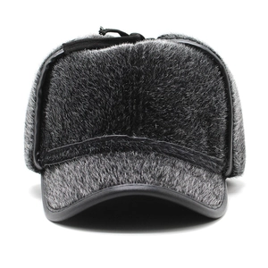 Mens winter warm flat top hat with faux mink fur and ear flaps in dark grey