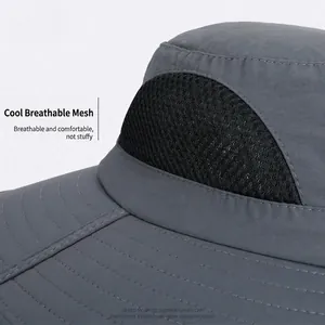 Grey solar fan sun hat with wide brim, waterproof quick-dry fabric and breathable mesh