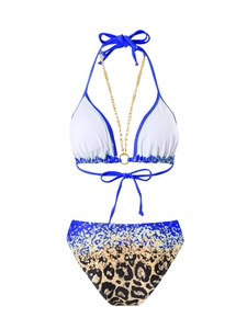 Close-up of leopard print bikini with blue gradient and elegant gold chain detail