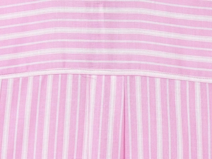 Close-up of pink striped shirt yoke showing fine stitching and breathable cotton fabric