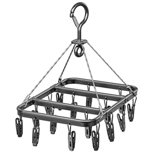 Durable black drying rack with 20 clips and safety hook for socks and underwear