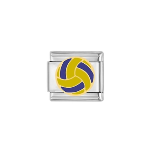 Custom stainless steel bracelet link featuring a yellow and blue volleyball charm
