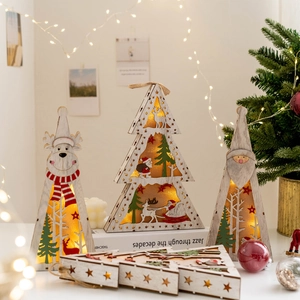 Illuminated wooden Christmas desktop ornaments with reindeer and Santa Claus warm LED glow