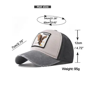 Size chart showing baseball cap dimensions with eagle embroidery and washed vintage details