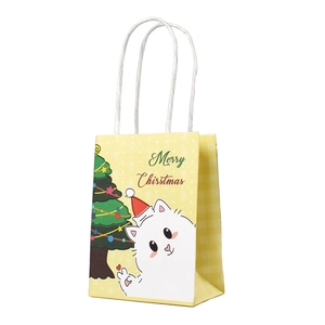 Small Christmas gift bag with cute cartoon cat, festive tree and white paper handles