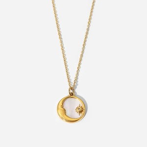 18K gold plated celestial necklace with crescent moon and white shell star pendant