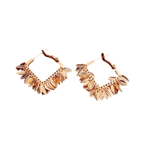 Rose gold hoop earrings with layered leaf tassels on a clean white background