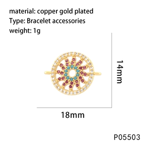 Macro view of 18K gold plated sun charm with micro-set zircon crystals and dimensions