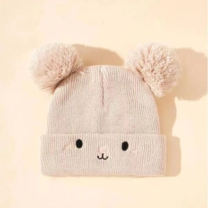 Kinder Winter Strickmütze Warm Acryl Doppel Bommel Bär Gesicht Stickerei Für Jungen Mädchen