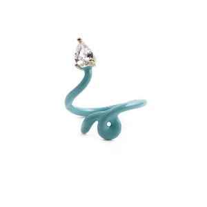 Blue enamel heart ring with teardrop zircon and golden finish on white background